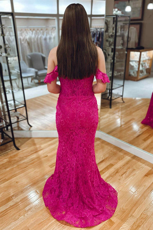 Magenta Off the Shoulder Mermaid Lace Prom Dress
