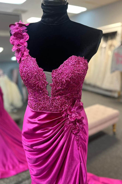 One Shoulder Fuchsia Ruched Long Prom Dress with 3D Flowers