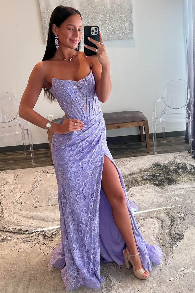 Lavender Strapless Lace Ruched Mermaid Prom Dress with Slit