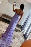 Lavender Strapless Lace Ruched Mermaid Prom Dress with Slit