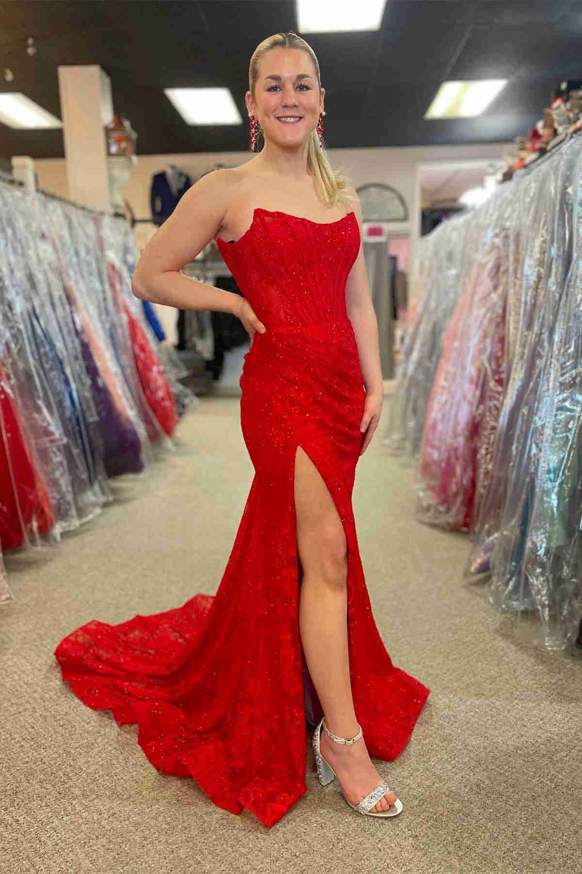 Lavender Strapless Lace Ruched Mermaid Prom Dress with Slit FancyVestido Lavender Strapless Lace Ruched Mermaid Prom Dress with Slit FancyVestido