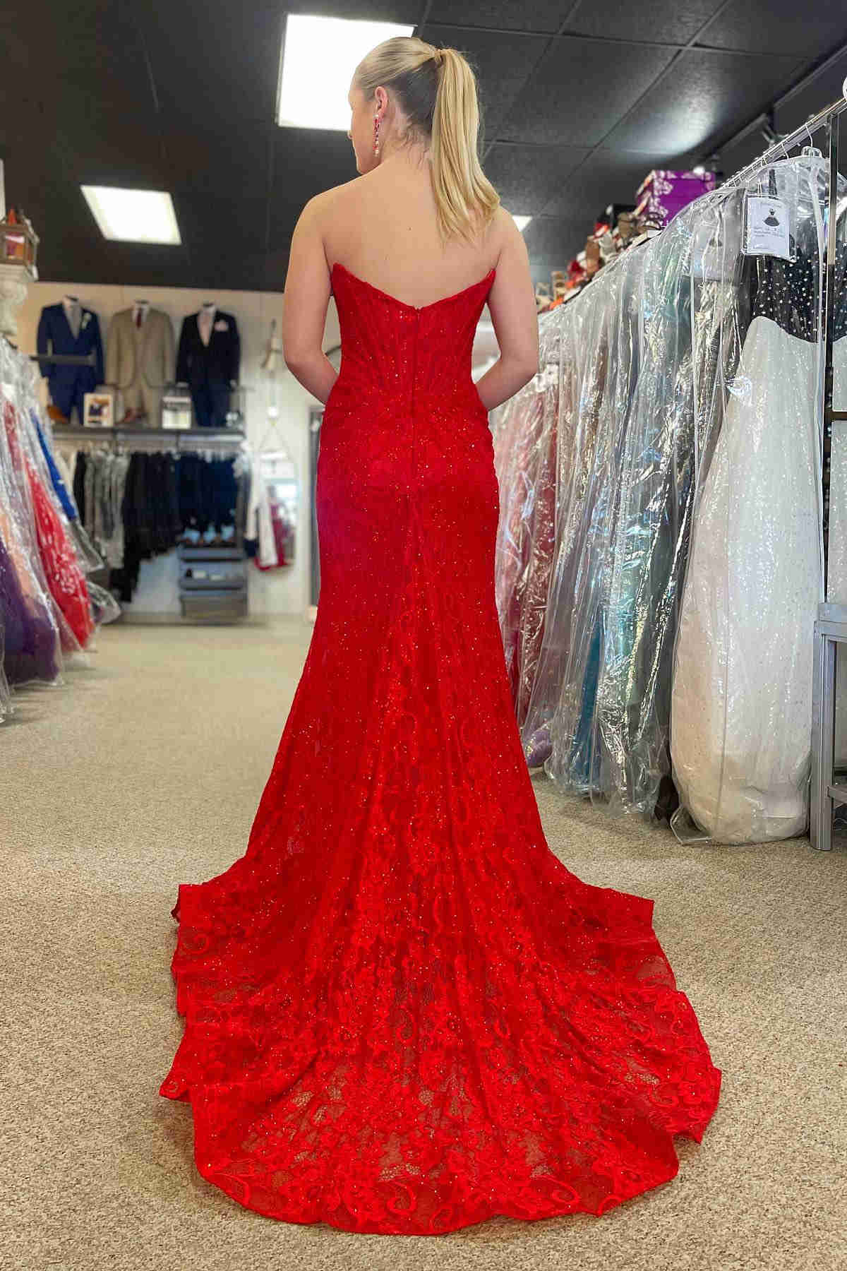 Lavender Strapless Lace Ruched Mermaid Prom Dress with Slit FancyVestido Lavender Strapless Lace Ruched Mermaid Prom Dress with Slit FancyVestido