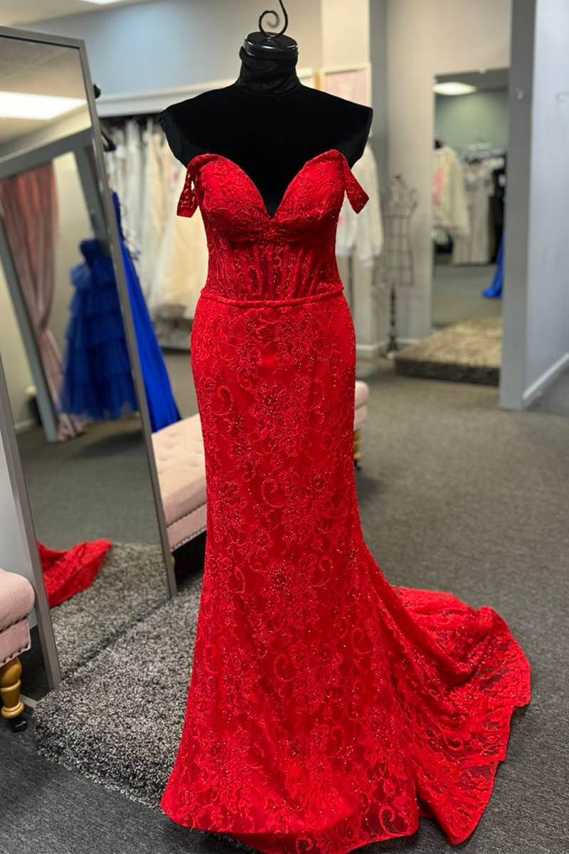Off the Shoulder Red Sheer Lace Corset Mermaid Prom Dress FancyVestido Off the Shoulder Red Sheer Lace Corset Mermaid Prom Dress FancyVestido