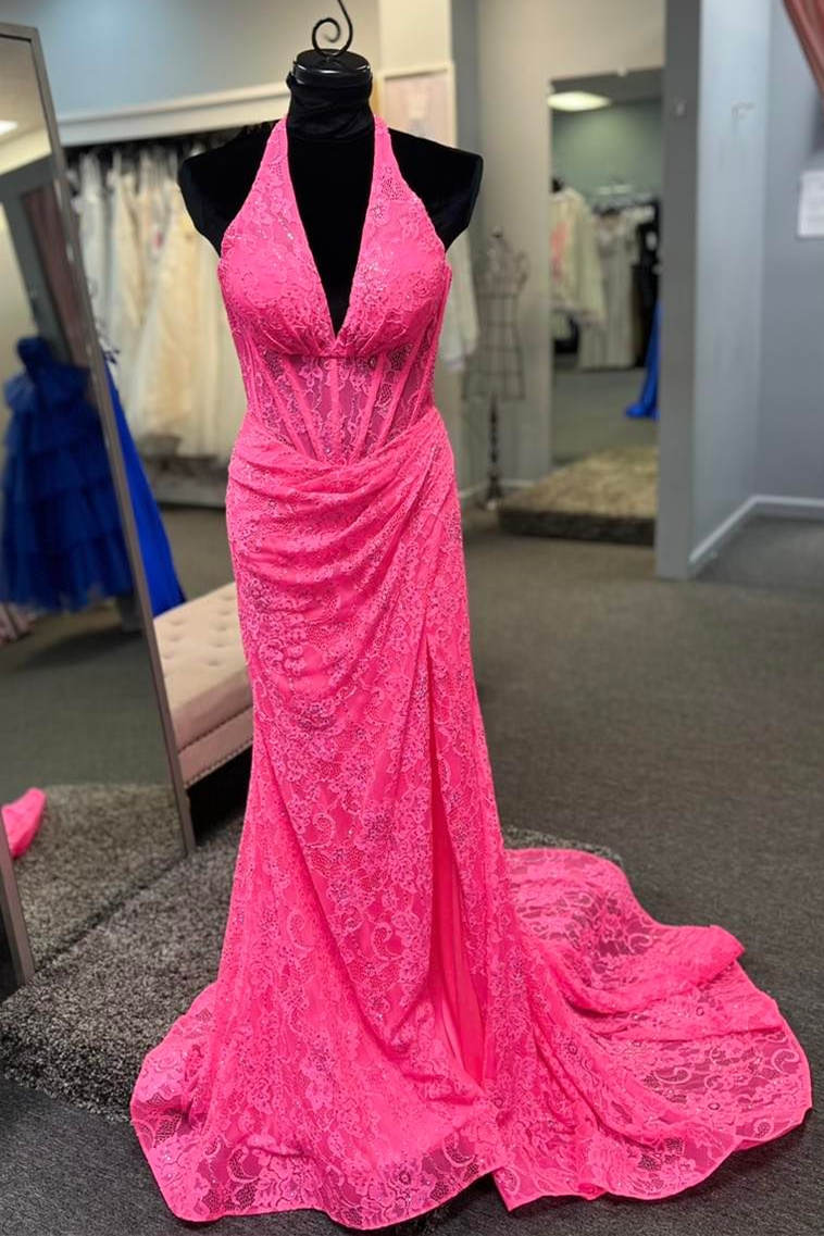 slim fit dress slacks Halter Hot Pink Lace Ruched Mermaid Prom Dress – FancyVestido