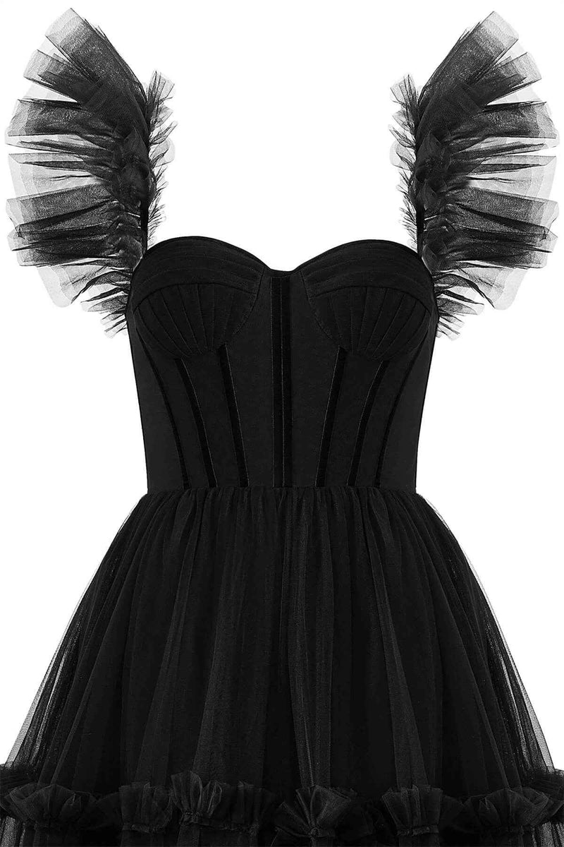 Ruffle Straps Black A-Line Tulle Party Dress
