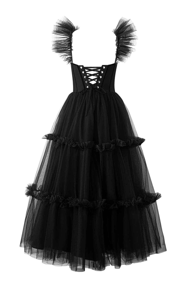Ruffle Straps Black A-Line Tulle Party Dress