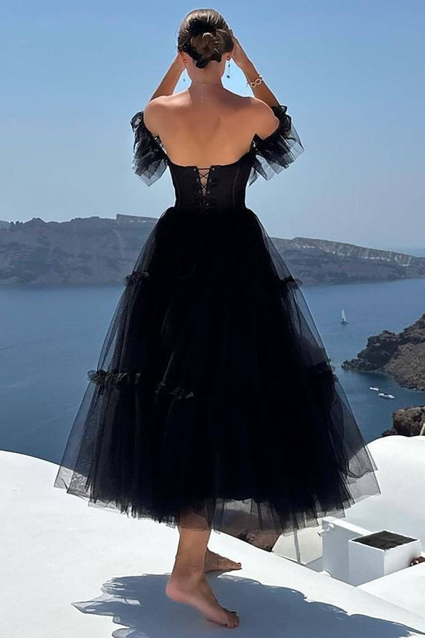 Ruffle Straps Black A-Line Tulle Party Dress