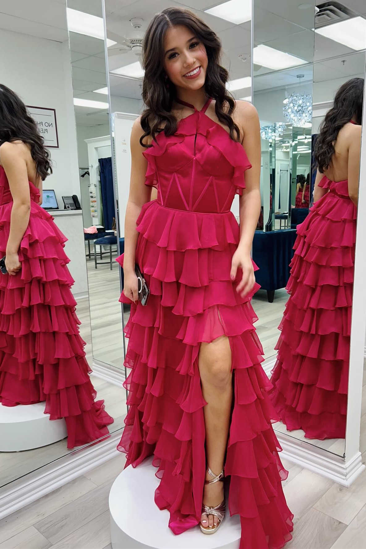 Red Halter Ruffle Tiered Chiffon Prom Dress with Slit FancyVestido Red Halter Ruffle Tiered Chiffon Prom Dress with Slit FancyVestido