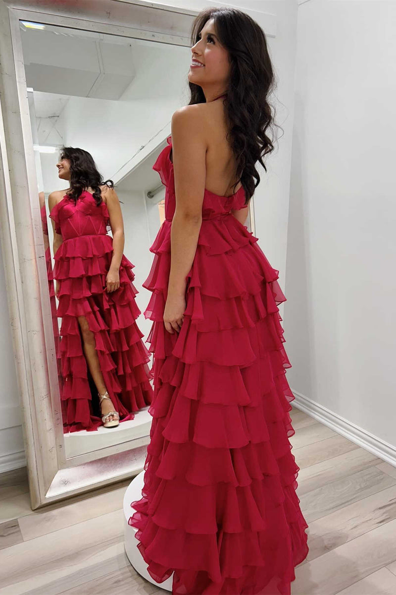 A-Line Halter Pink Ruffle Tiered Chiffon Long Prom Dress with Bowknot VK26022801