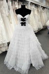 White Strapless Swiss Dot Layered Long Prom Dress