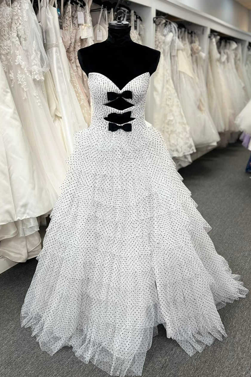 White Strapless Swiss Dot Layered Long Prom Dress – FancyVestido