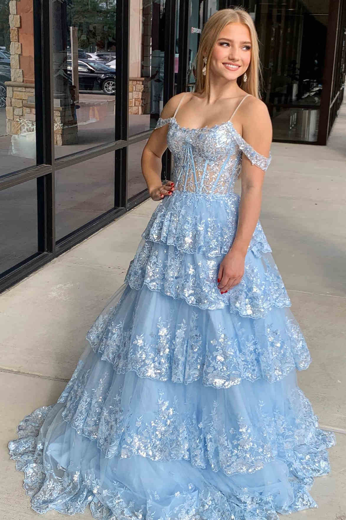 navy blue dress for baby girl A-Line Cold Shoulder Light Blue Sequin Ruffle Tiered Prom Dress –  FancyVestido