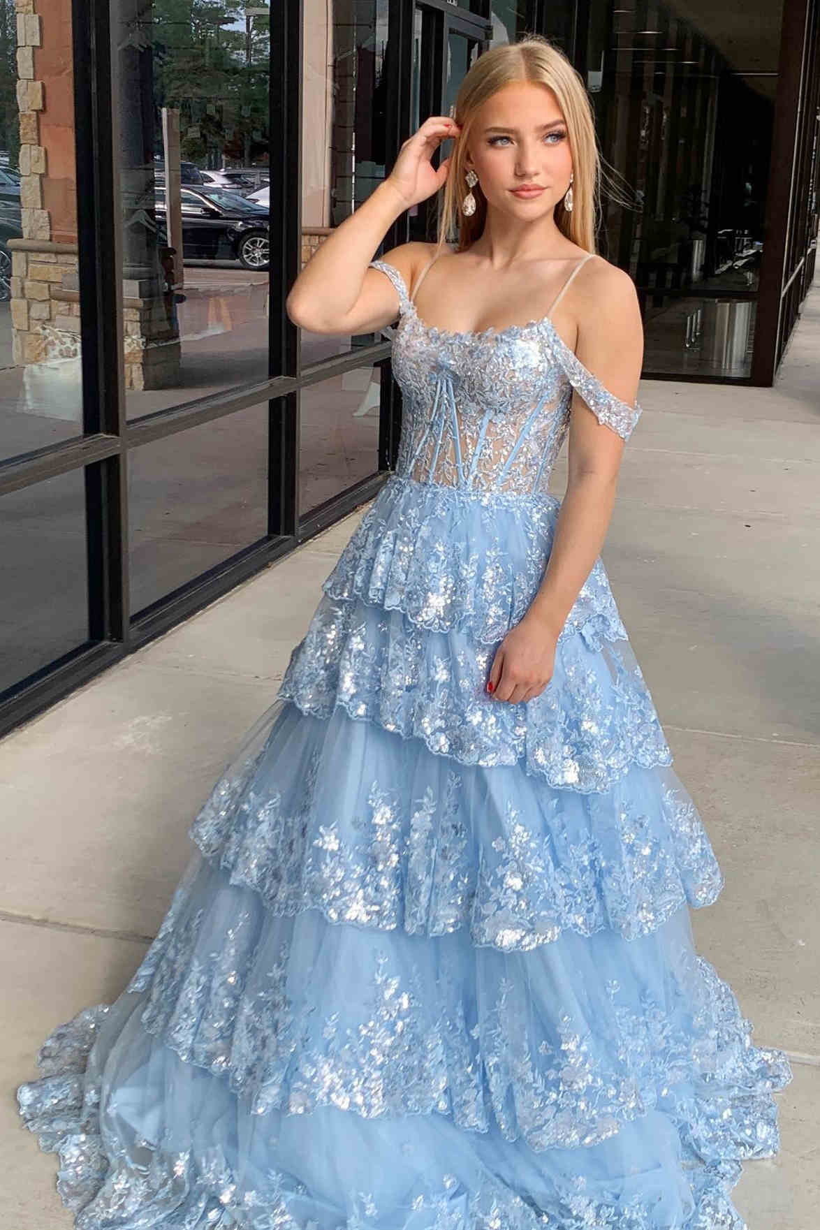 A-Line Cold Shoulder Light Blue Sequin Ruffle Tiered Prom Dress FancyVestido A-Line Cold Shoulder Light Blue Sequin Ruffle Tiered Prom Dress FancyVestido