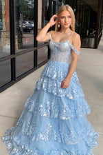 A-Line Cold Shoulder Light Blue Sequin Ruffle Tiered Prom Dress