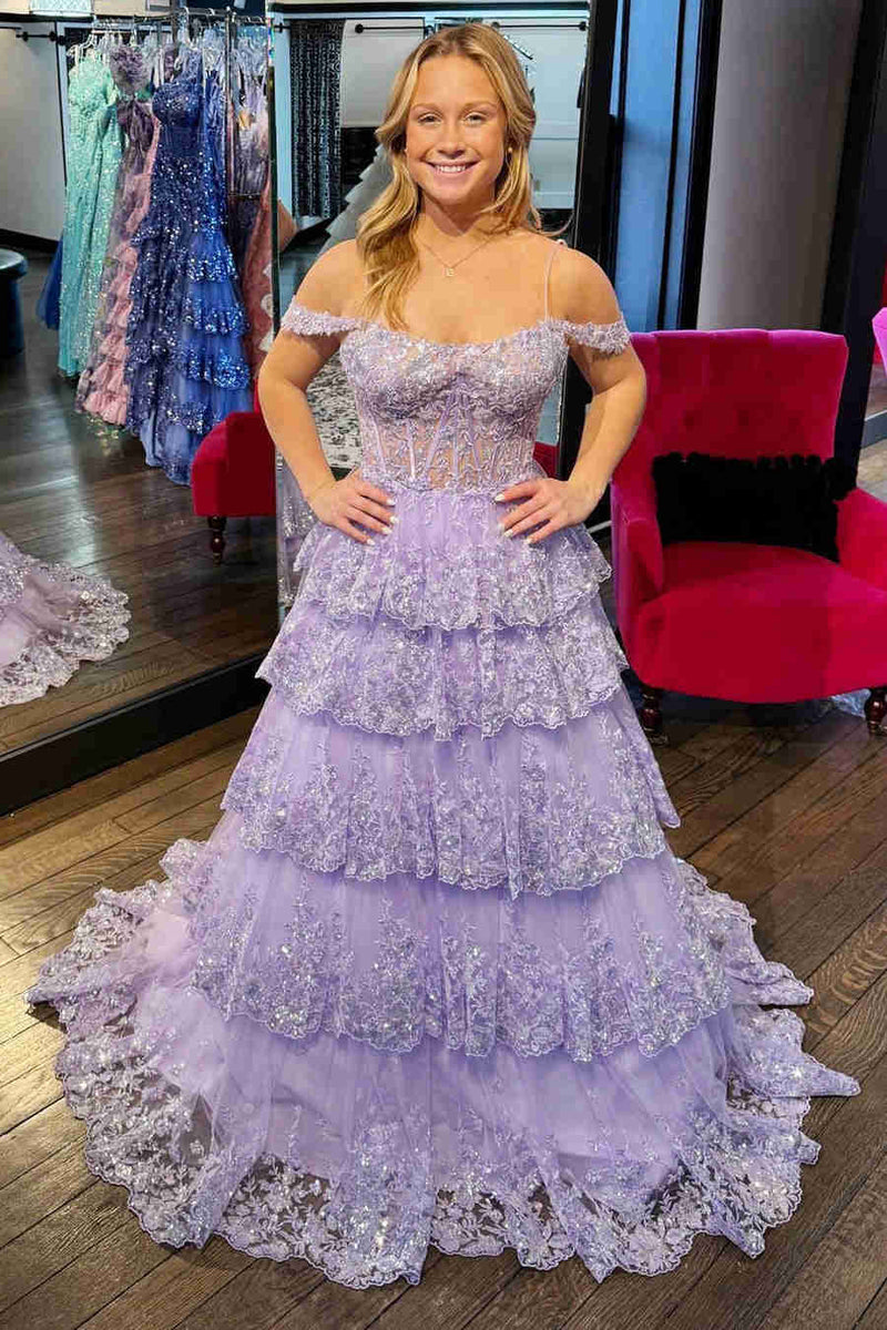 A-Line Cold Shoulder Light Blue Sequin Ruffle Tiered Prom Dress