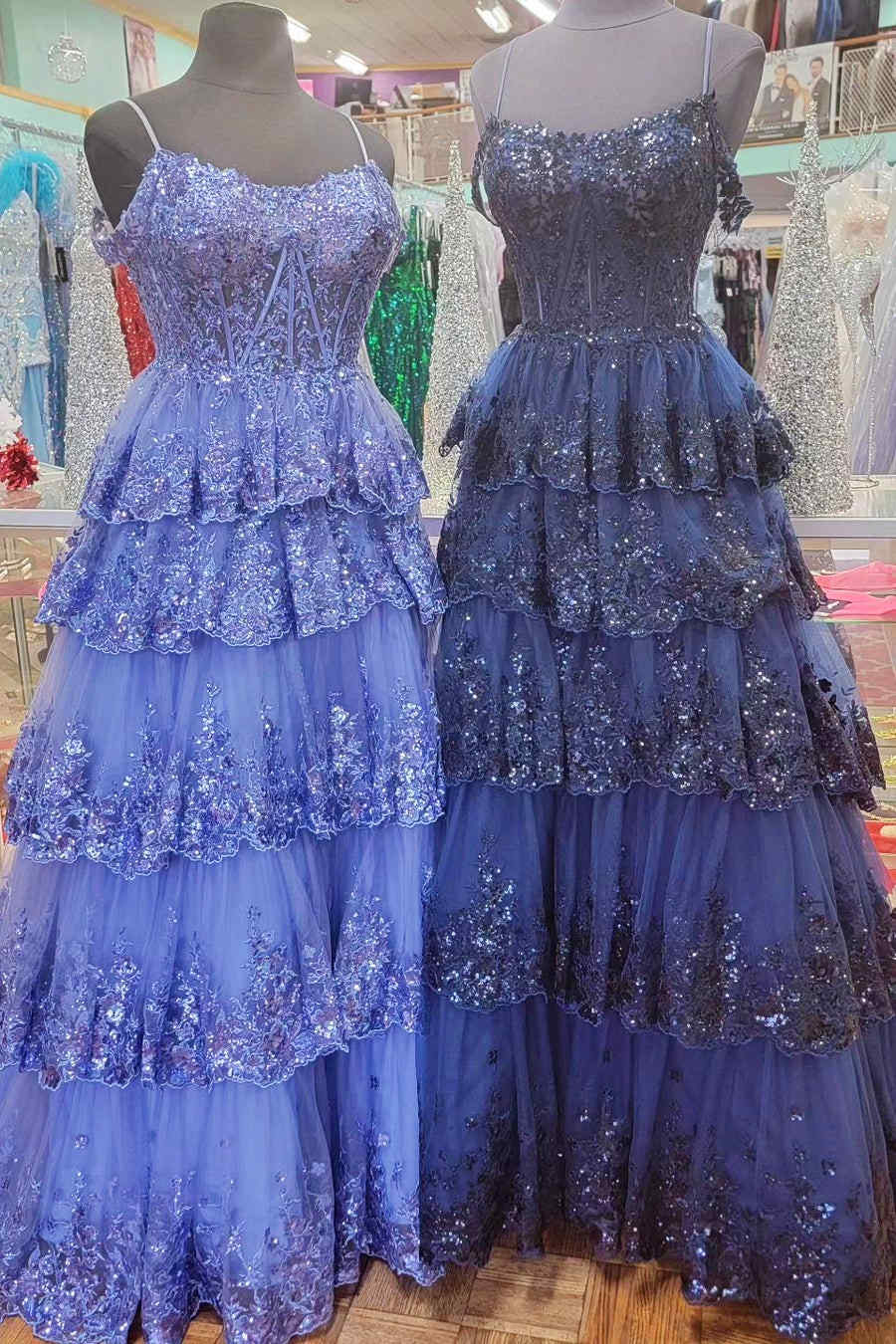 A-Line Cold Shoulder Light Blue Sequin Ruffle Tiered Prom Dress