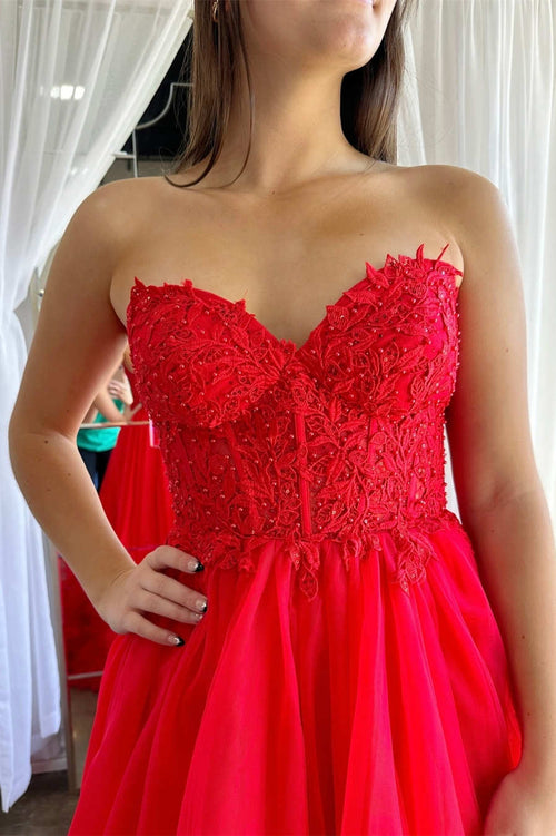 A-Line Red Sweetheart Corset Ruffle Prom Dress