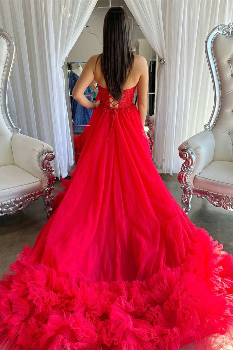 A-Line Red Sweetheart Corset Ruffle Prom Dress