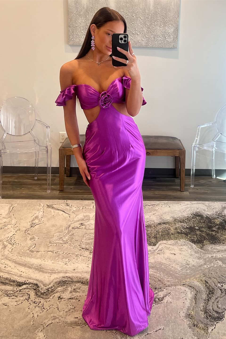 Ruffle Straps Fuchsia Rosette Side Cutouts Prom Dress FancyVestido Ruffle Straps Fuchsia Rosette Side Cutouts Prom Dress FancyVestido