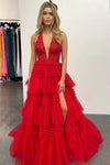 Halter Red Appliques Ruffle Tulle Prom Ball Gown