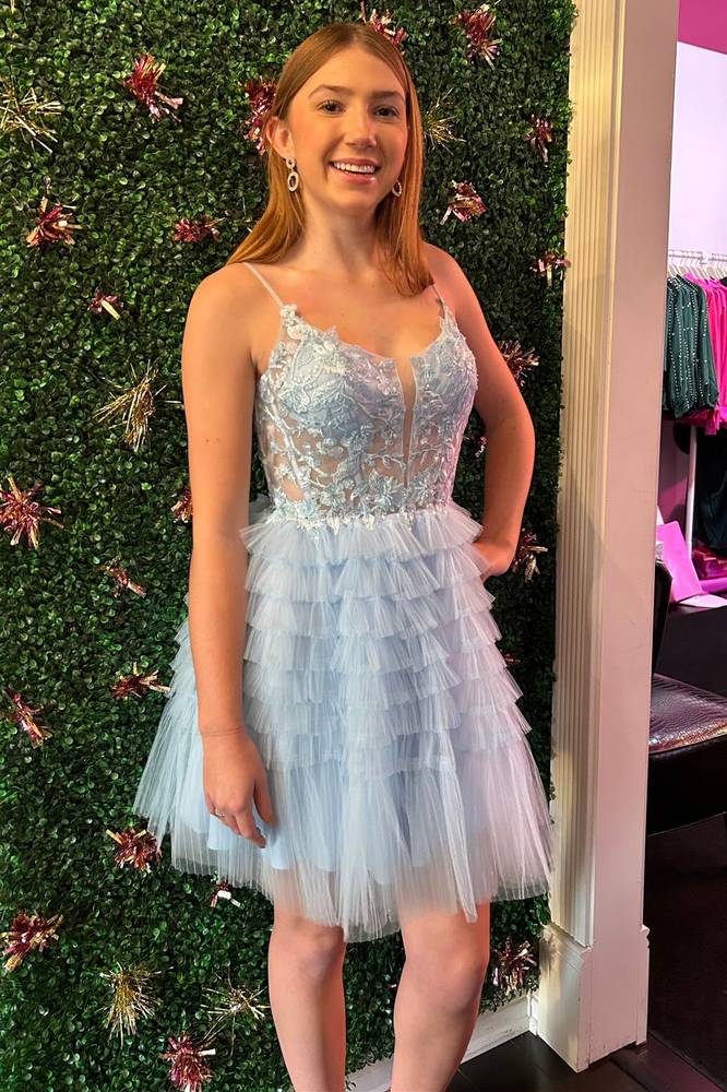 Straps Light Blue Sheer Corset A-Line Ruffle Homecoming Dress