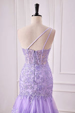 Mermaid One Shoulder Lavender Sequin Appliqeus Ruffle Prom Dress