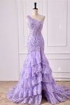 Mermaid One Shoulder Lavender Sequin Appliqeus Ruffle Prom Dress