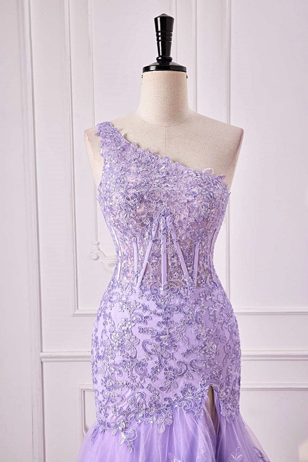 Mermaid One Shoulder Lavender Sequin Appliques Ruffle Prom Dress