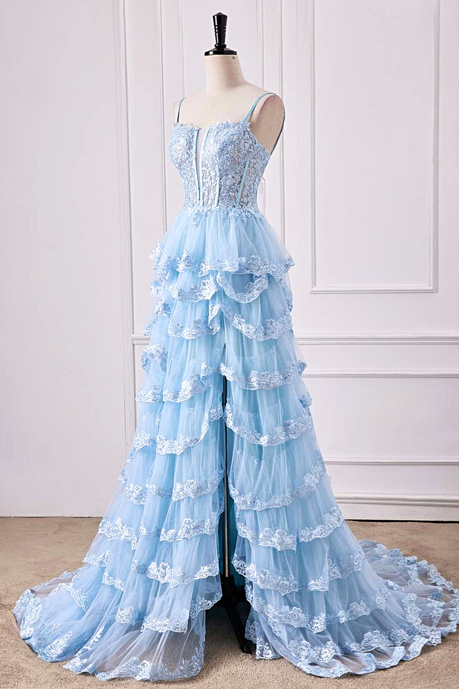 Straps Plunging Neck Light Blue Ruffle Prom Dress with Appliques ...