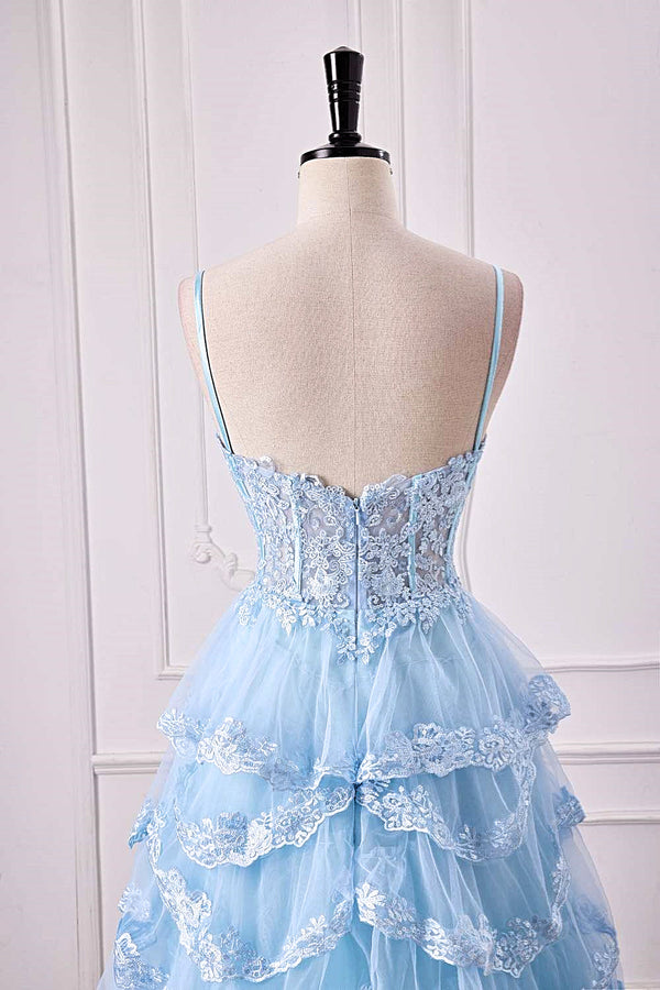 Straps Plunging Neck Light Blue Ruffle Prom Dress with Appliques