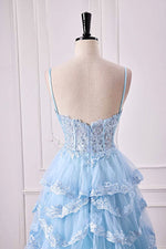 Straps Plunging Neck Light Blue Ruffle Prom Dress with Appliques