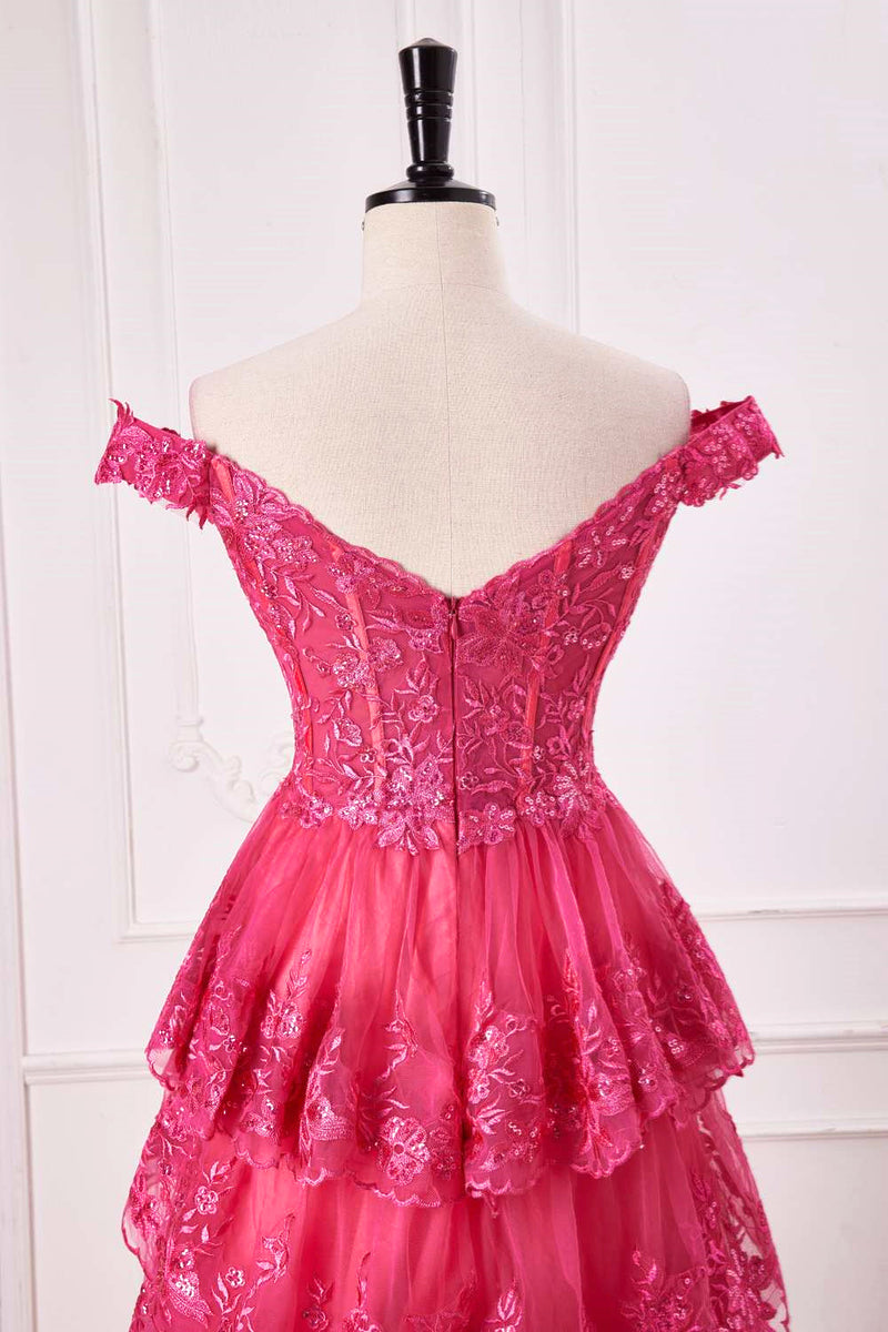 Hot Pink Beaded Feather Off-the-Shoulder Tiered Long Prom Dress with Slit,DP0144