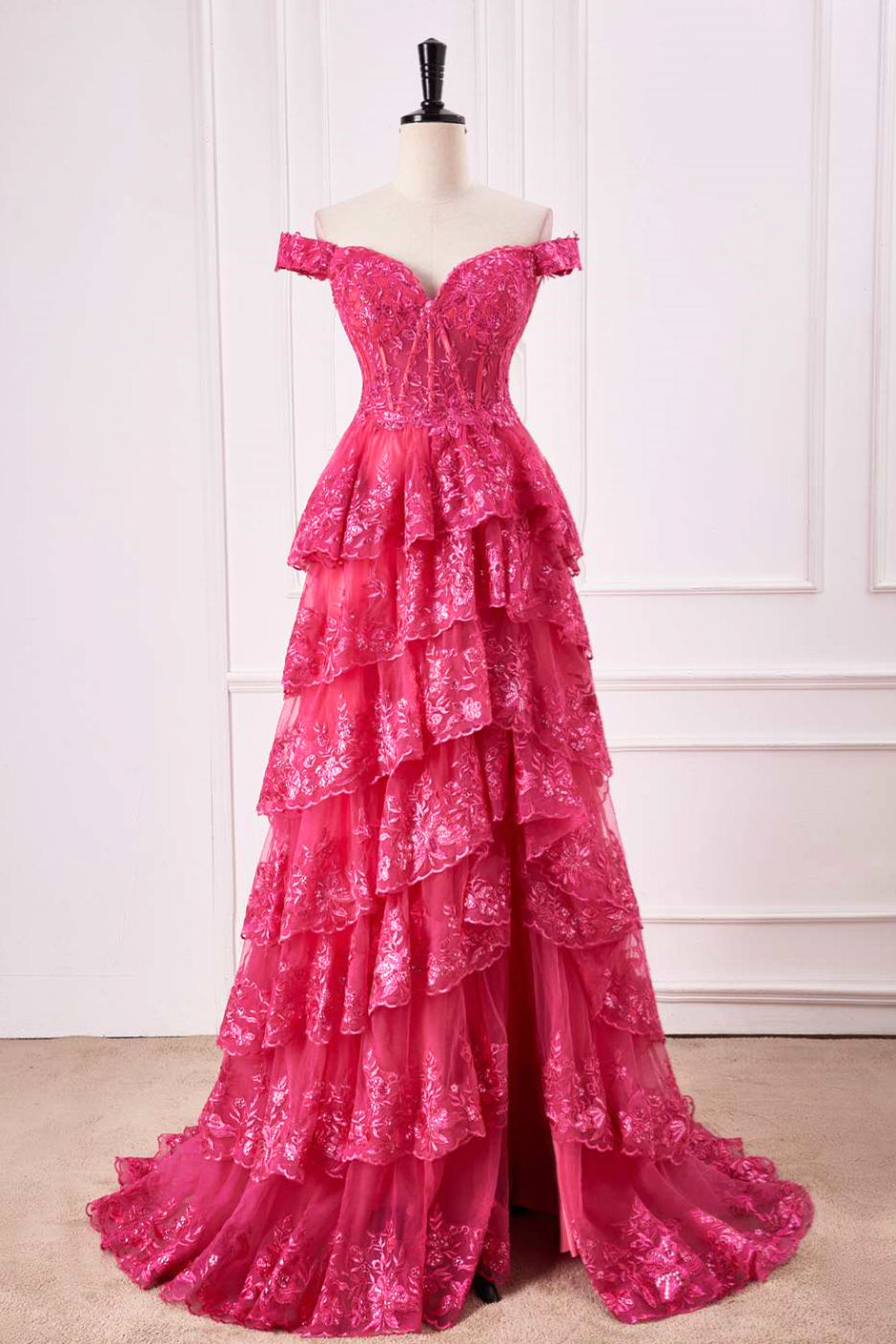 Off the Shoulder Hot Pink Sequin Tiered Prom Dress with Slit FancyVestido Off the Shoulder Hot Pink Sequin Tiered Prom Dress with Slit FancyVestido