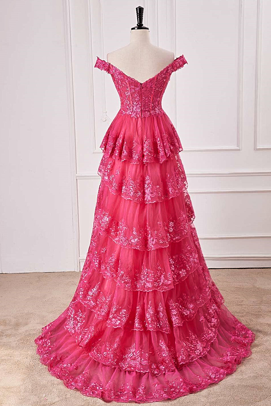 Gorgeous A Line Off the Shoulder Pink Tiered Prom Dress with Slit LD16122905 main image 1