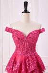 Off the Shoulder Hot Pink Sequin Tiered Prom Dress with Slit