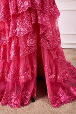 Off the Shoulder Hot Pink Sequin Tiered Prom Dress with Slit