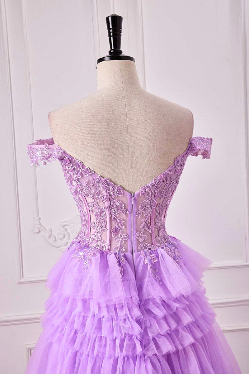 A-Line Off the Shoulder Lavender Corset Ruffle Tulle Prom Dress
