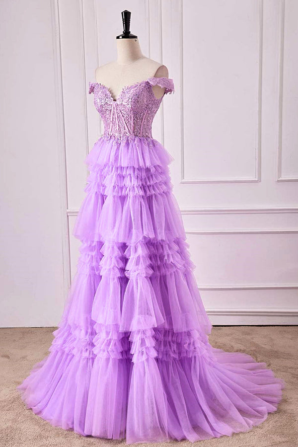 A-Line Off the Shoulder Lavender Corset Ruffle Tulle Prom Dress