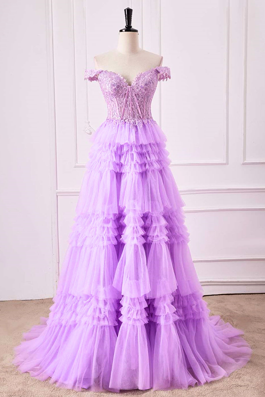 A-Line Off the Shoulder Lavender Corset Ruffle Tulle Prom Dress