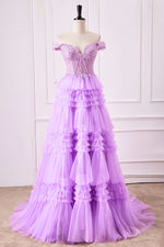 A-Line Off the Shoulder Lavender Corset Ruffle Tulle Prom Dress