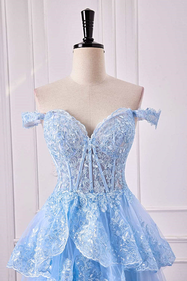 Light Blue Off the Shoulder Floral Layers Long Prom Dress with Slit