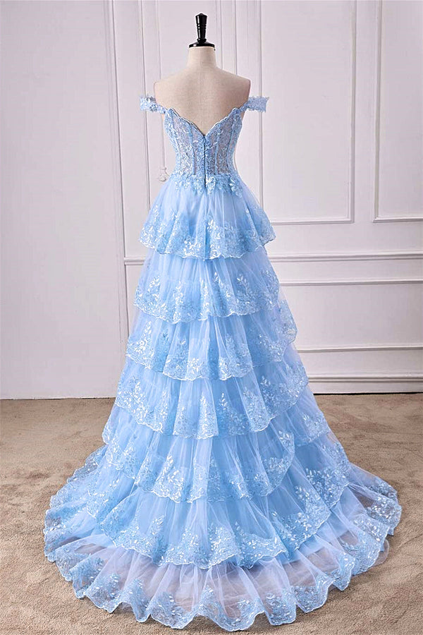 Light Blue Off the Shoulder Floral Layers Long Prom Dress with Slit