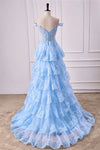 Light Blue Off the SHoulder Floral Layers Long Prom Dress with Slit