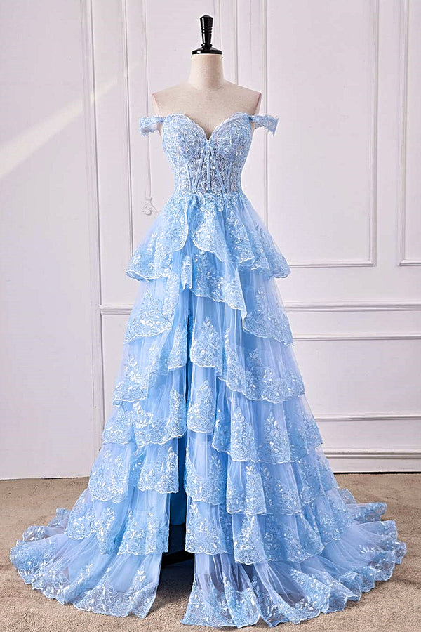 Light Blue Off the Shoulder Floral Layers Long Prom Dress with Slit