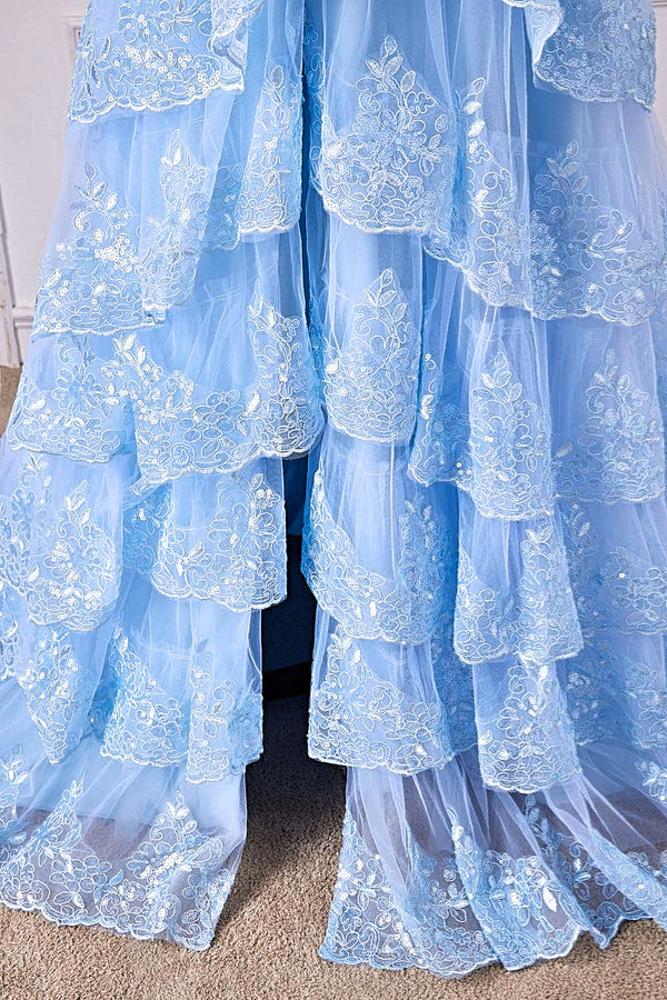 Light Blue Off the Shoulder Floral Layers Long Prom Dress with Slit