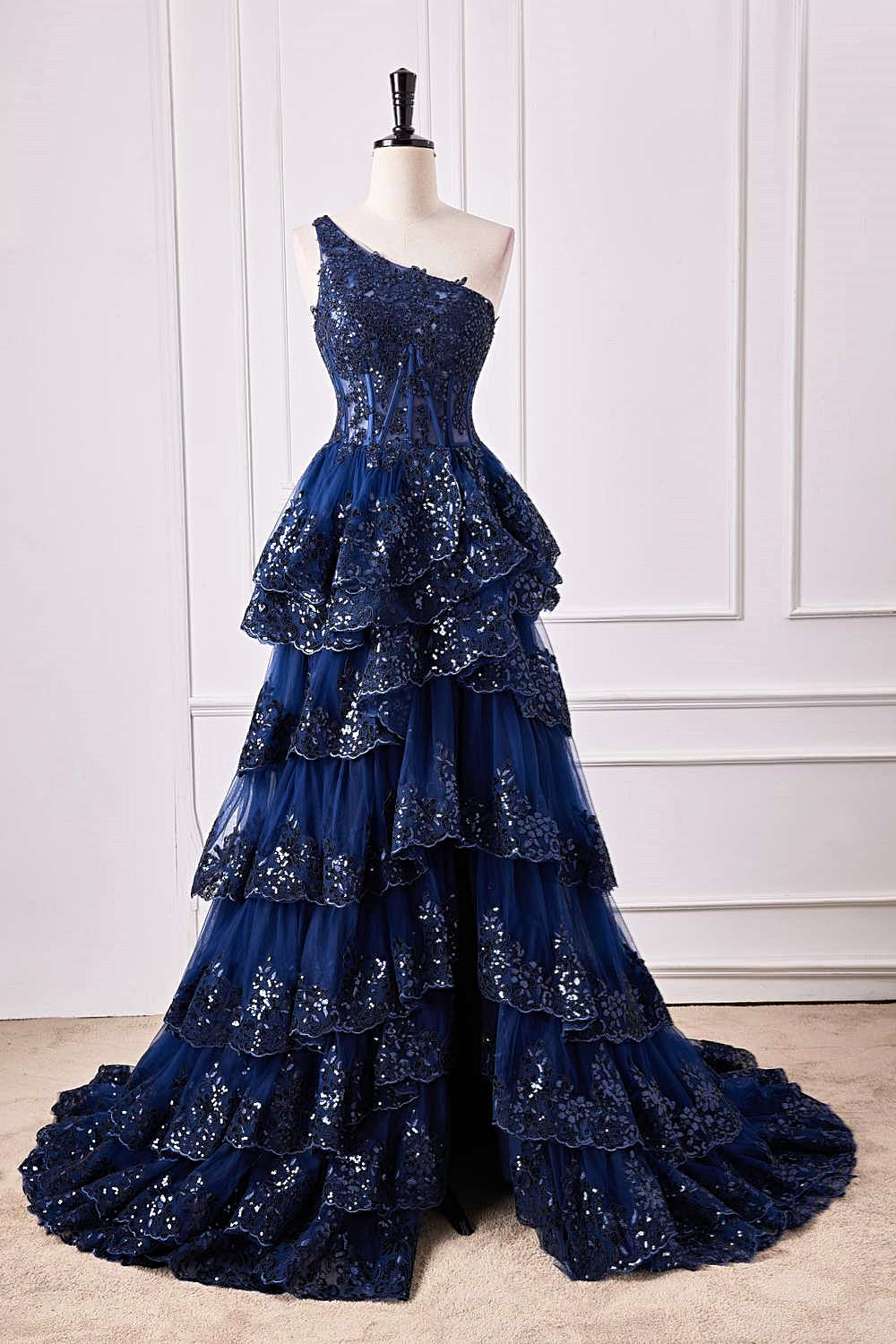 Navy Blue One Shoulder Sequin Ruffle A-Line Formal Dress