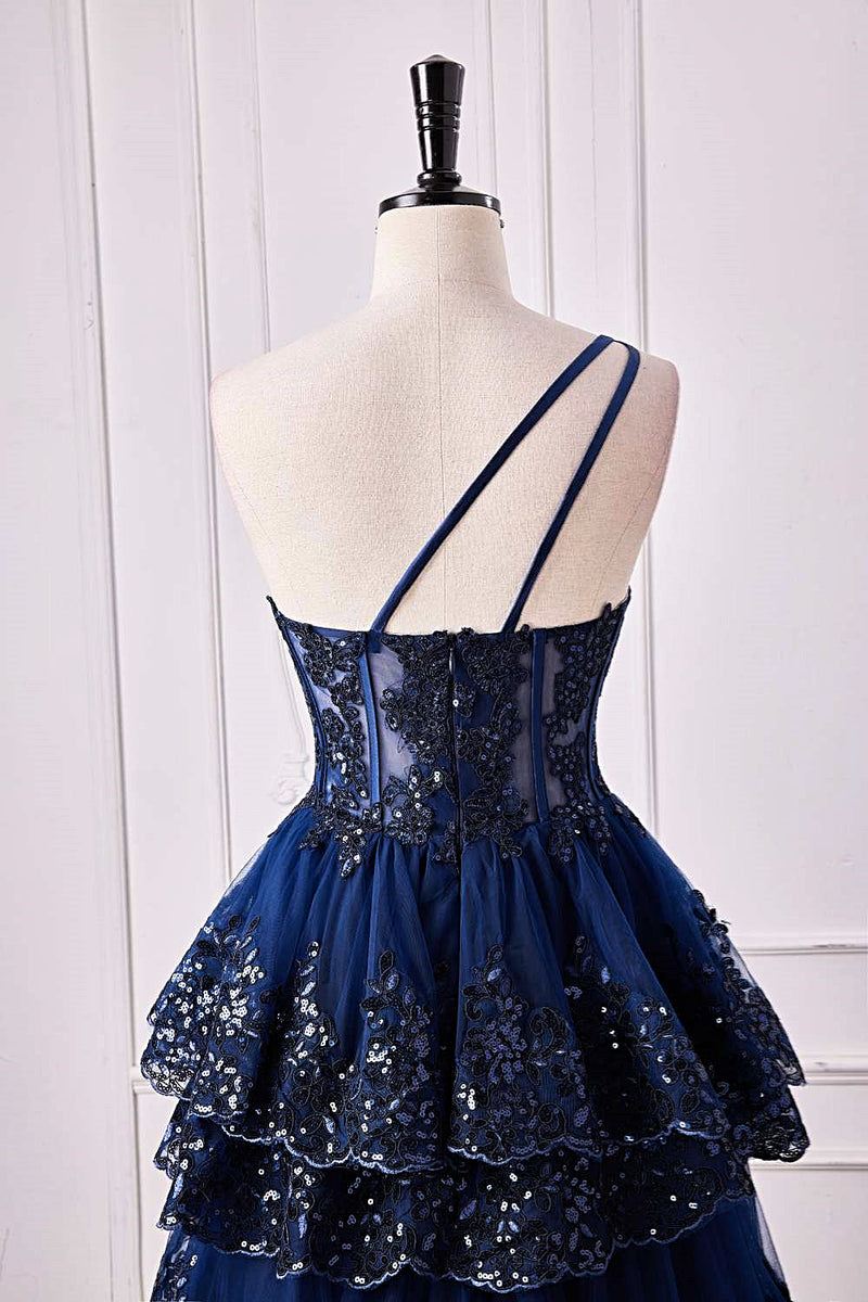 Navy Blue One Shoulder Sequin Chiffon Floor Length Formal Evening Dress, PD01258