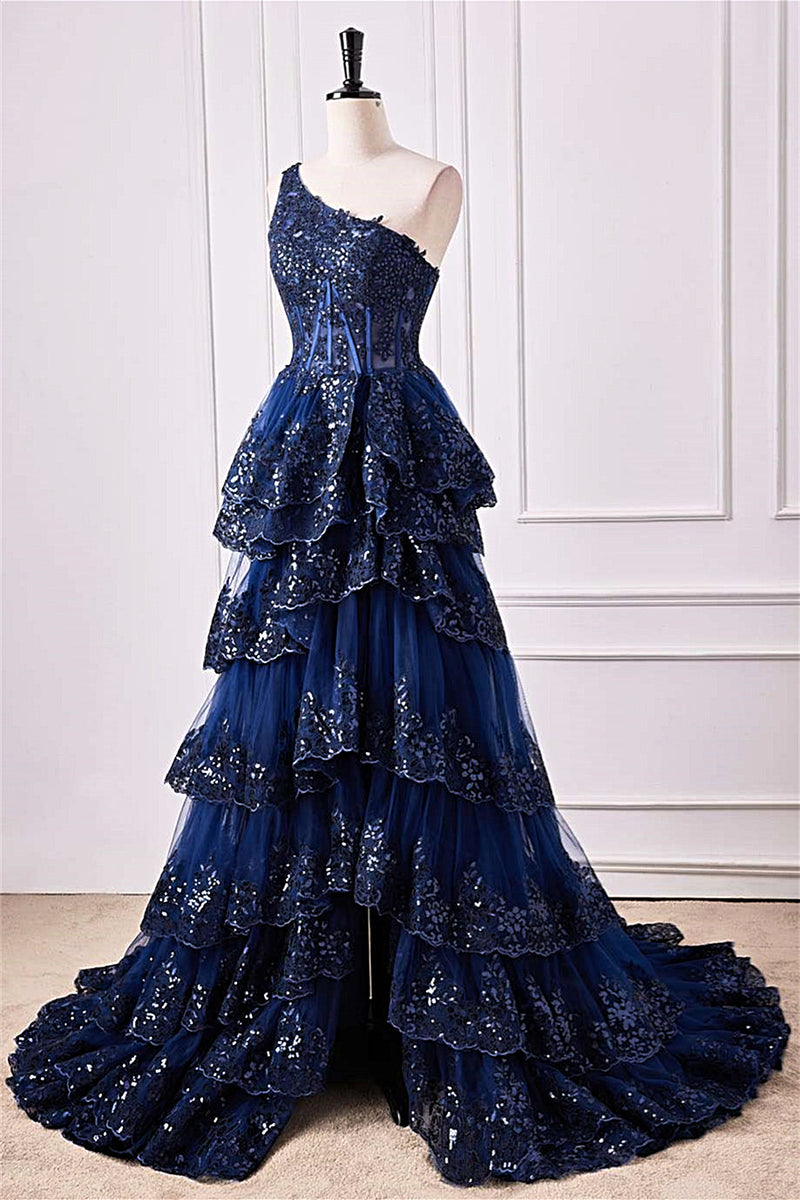 Navy Blue One-Shoulder Sequins Prom Dresses ，Sexy A-Line Side-Slit Cheap Evening Gowns  S5920 main image 0