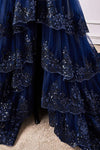 Navy Blue One Shoulder Sequin Ruffle A-Line Formal Dress