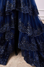 Navy Blue One Shoulder Sequin Ruffle A-Line Formal Dress